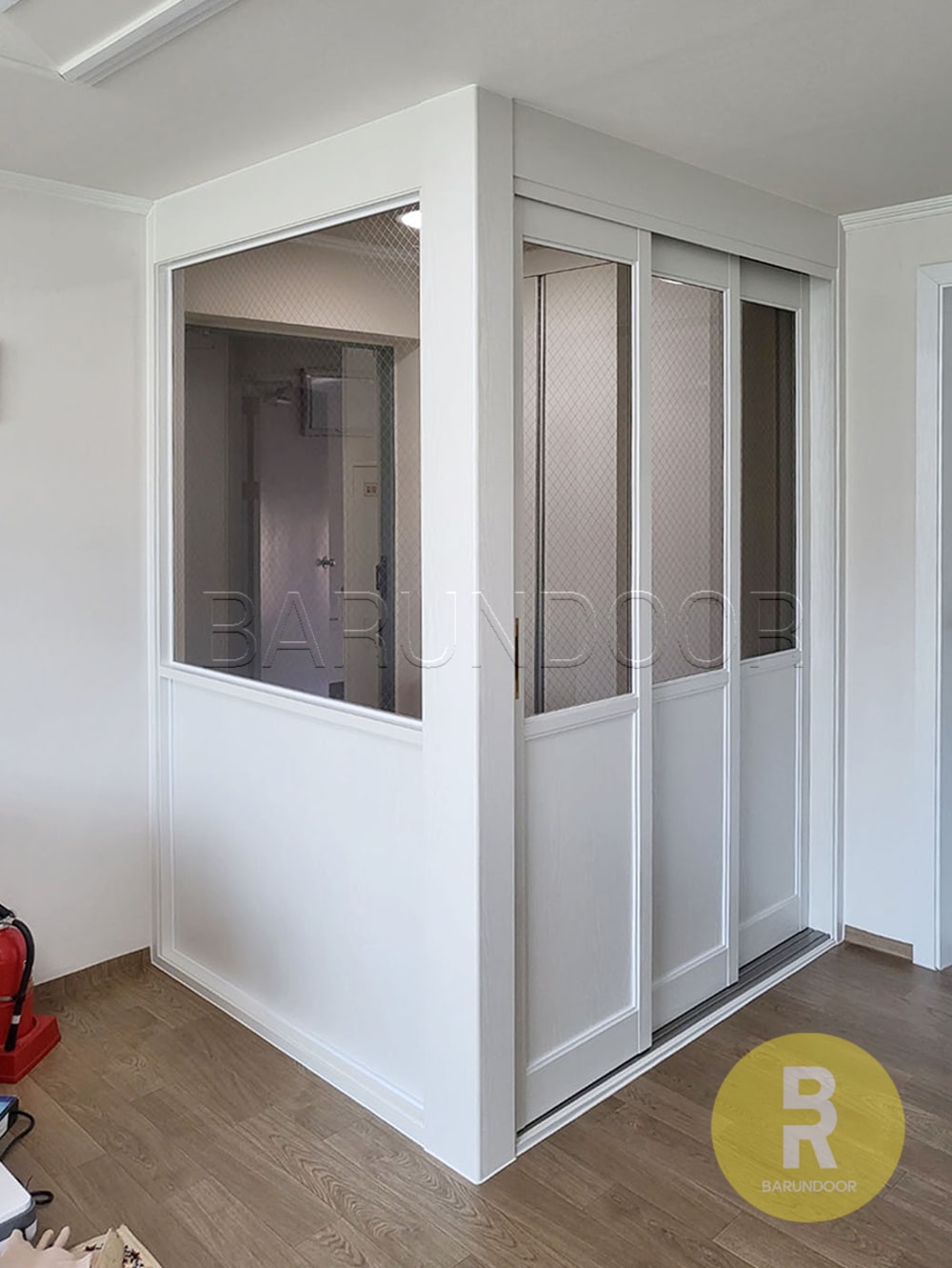 [신상품] 바른도어 슬림3연동 고시형 유백화이트 브론즈망입(부식)강화유리(파티션제외)