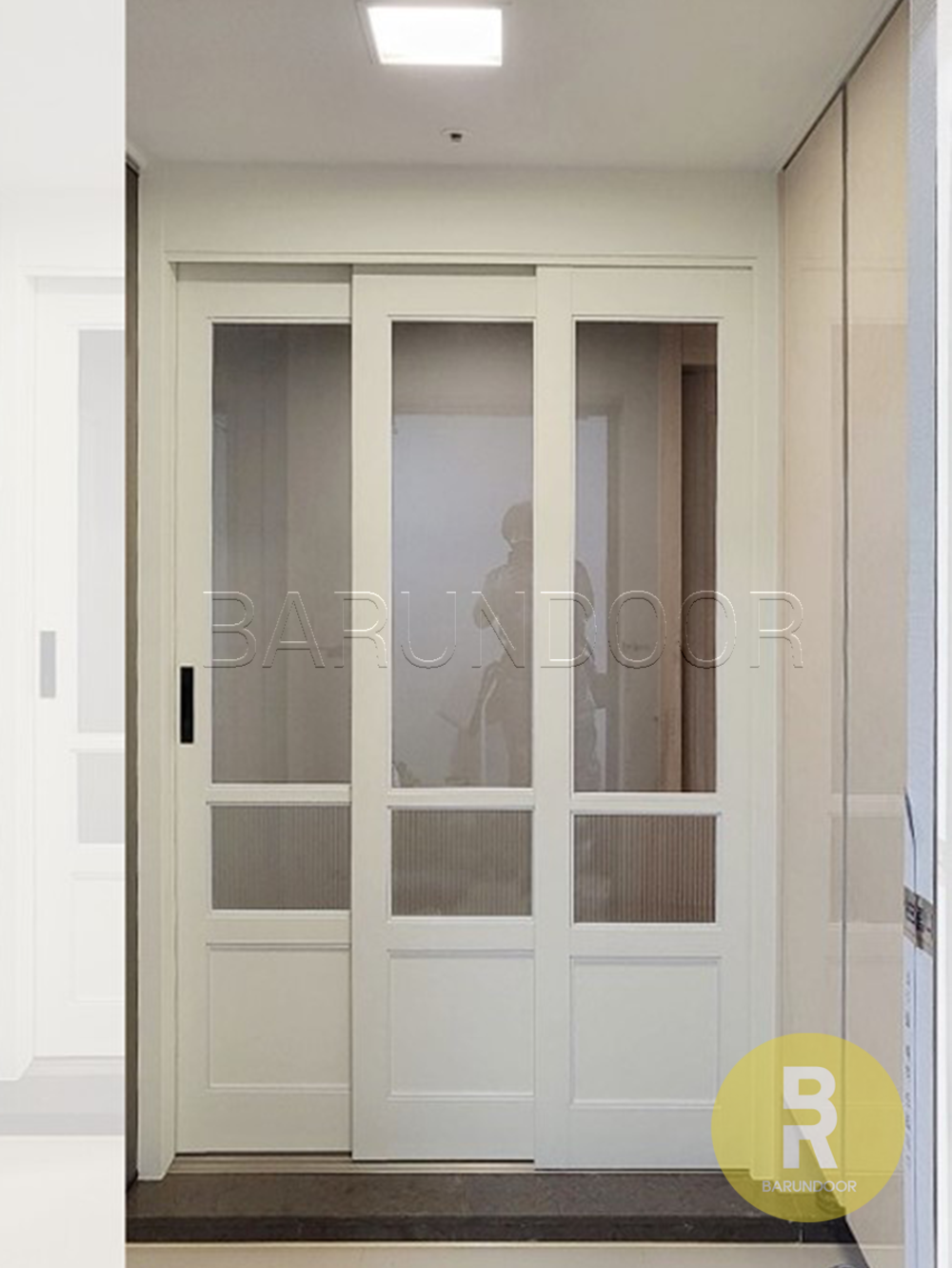 [신상품] 바른도어 일반3연동 2단고시 밀크화이트 투명+모루세로강화유리