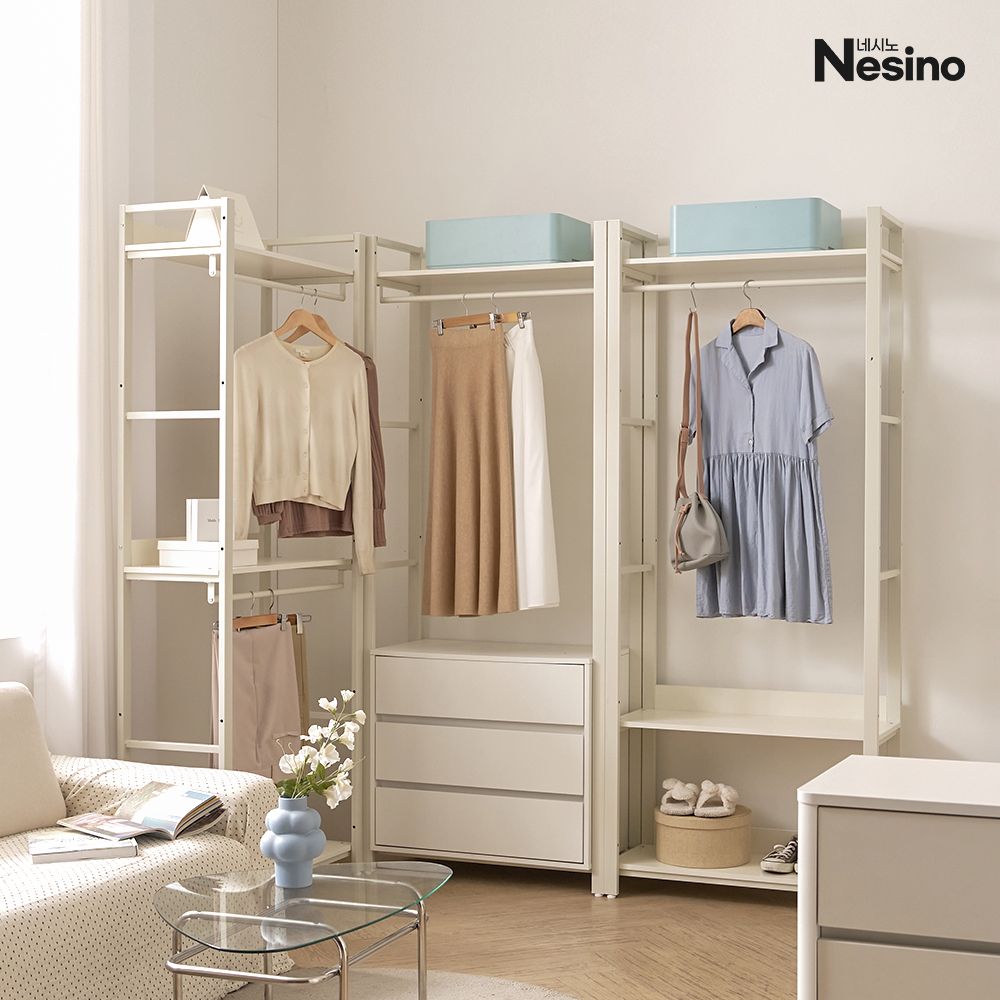 네시노 런칭할인 62,080원~ / 나오미 드레스룸 1단 2단 서랍 시스템 행거 선반 옷장