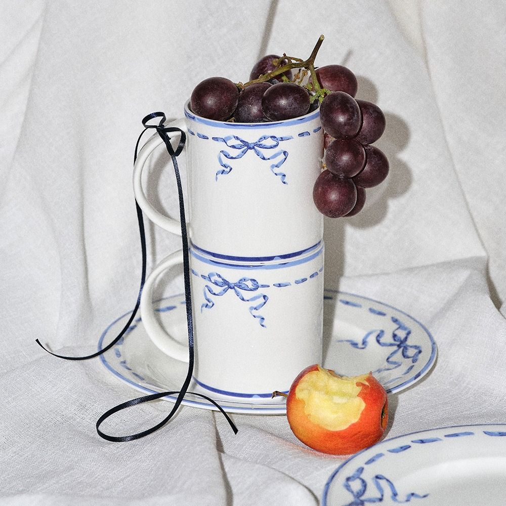 한국도자기 본차이나 리본블루 머그&접시 세트 2P (스티치)