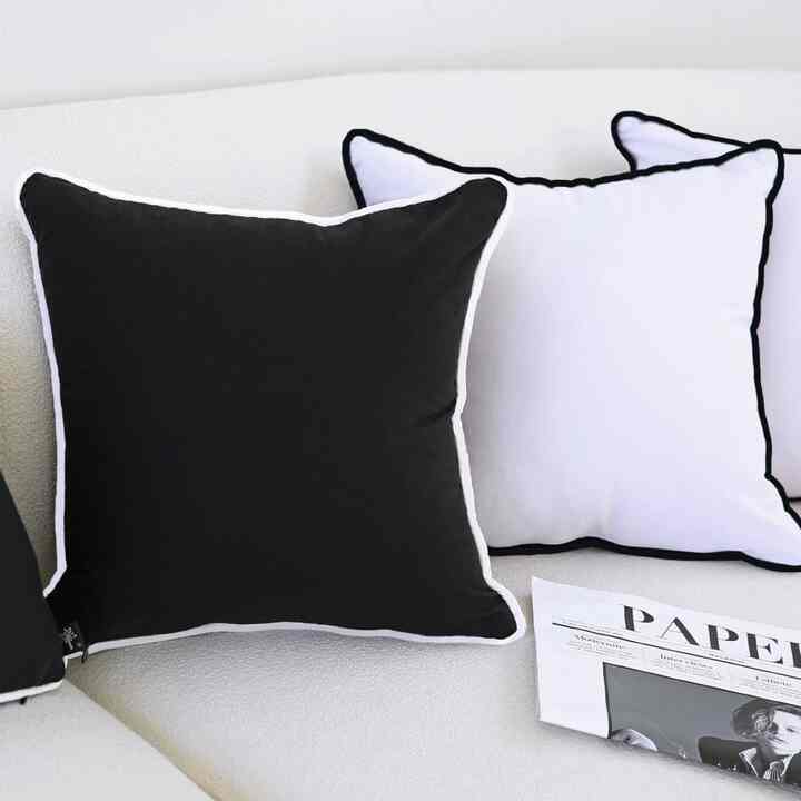 Piping Linen Solid ブラック＆ホワイト クッションカバー［2色・7サイズ］