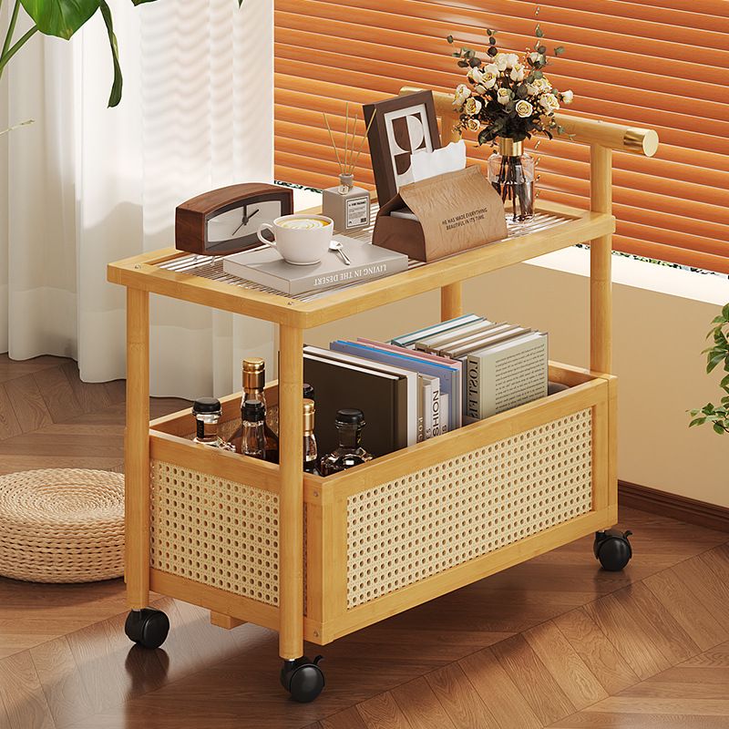 [오늘출발][신상품]세련된 여자의 감각 내추럴 라탄 원목 2단 트롤리 수납 선반 사이드 테이블 이동식 바퀴 협탁 거실 침실 주방