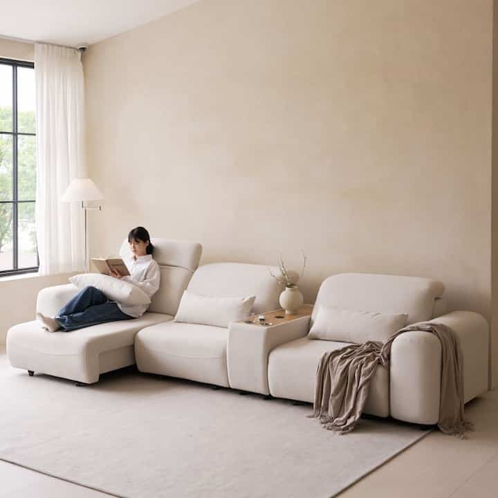 PLUM モーション リクライナー スライド ムービング ファブリック 4人掛け ソファ