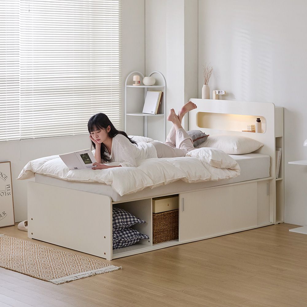 [신상품] 휴먼앤퍼니처 밀러 LED 무헤드형 헤드형 슬라이딩 빅수납 침대 프레임 슈퍼싱글 매트리스 선택