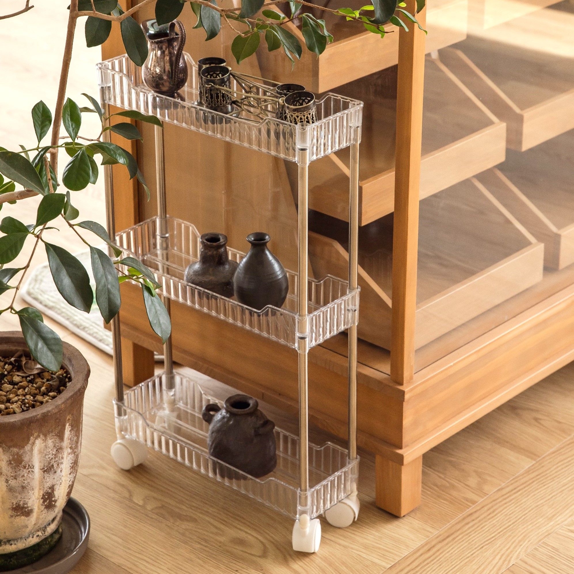 [신상품] 소심생활 틈새쏙 투명 틈새 트롤리 슬림 선반 투명 이동식 수납장 2단/3단/4단 바퀴달린 카트