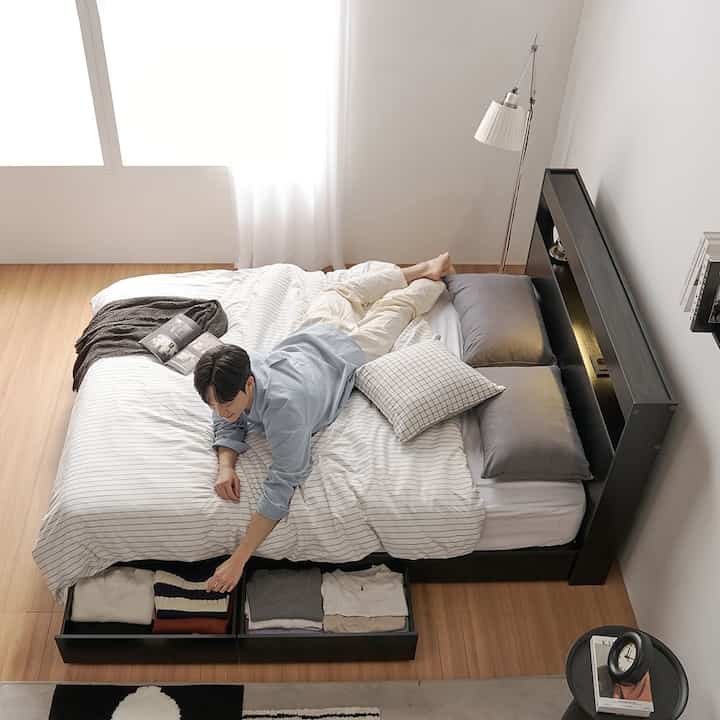 Dual 3段 LED 収納付き ベッドフレーム［3色・2サイズ］