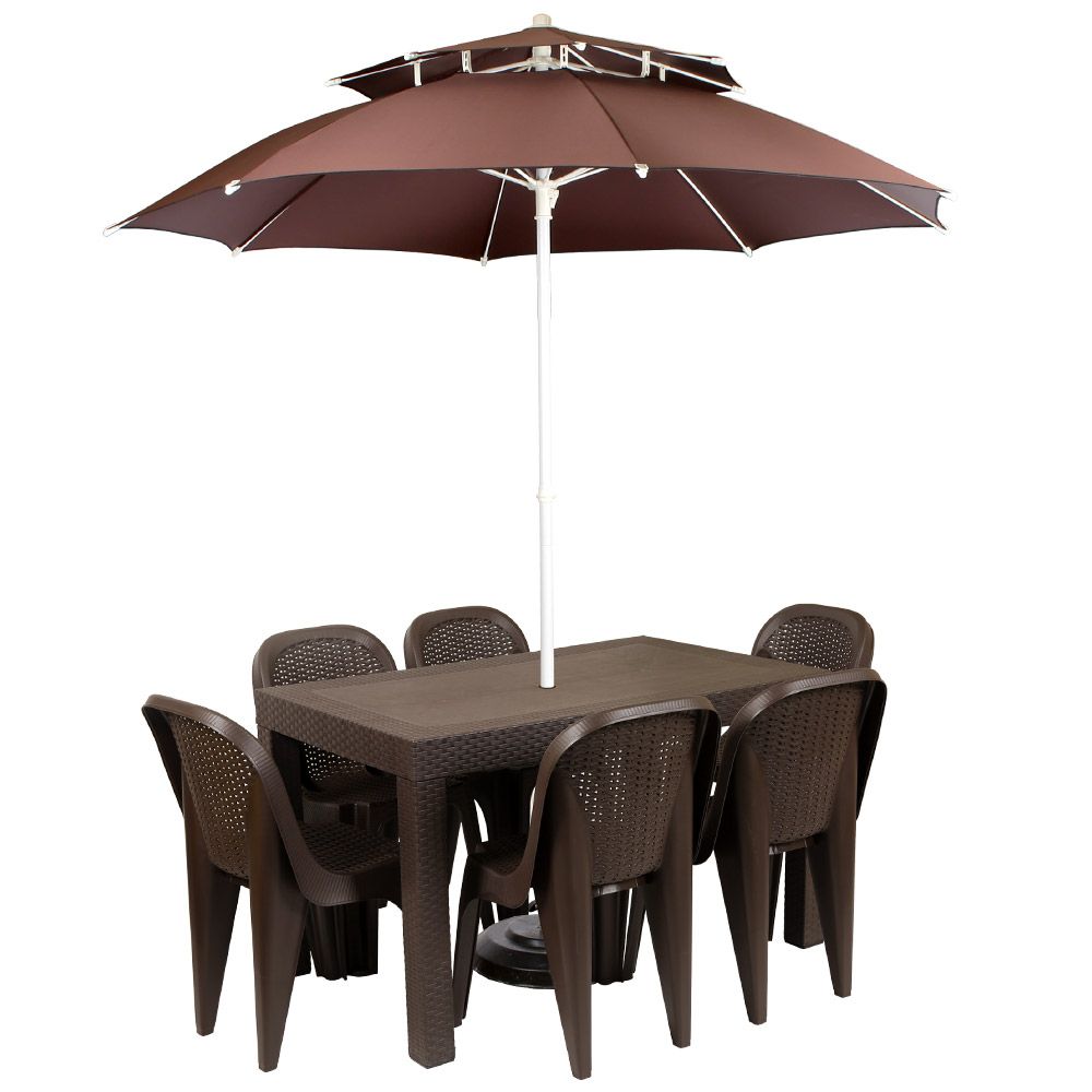 지오리빙 창신 원터치 파라솔 74120 라탄 플라스틱 테이블 라탄등받이의자 6인 세트