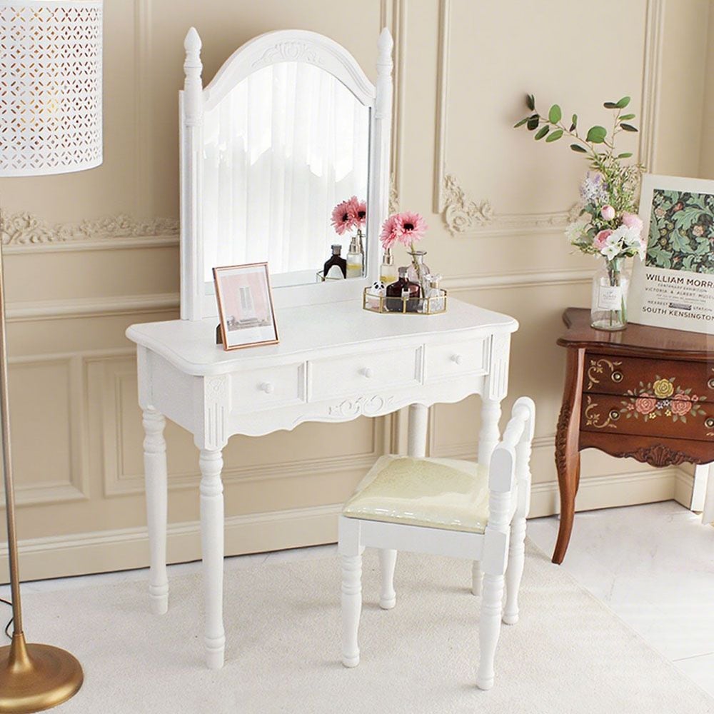 [신상품] 미세몽 올라 화이트 화장대서랍장 엔틱 원목 수납 입식 콘솔 수납장 화장대 세트