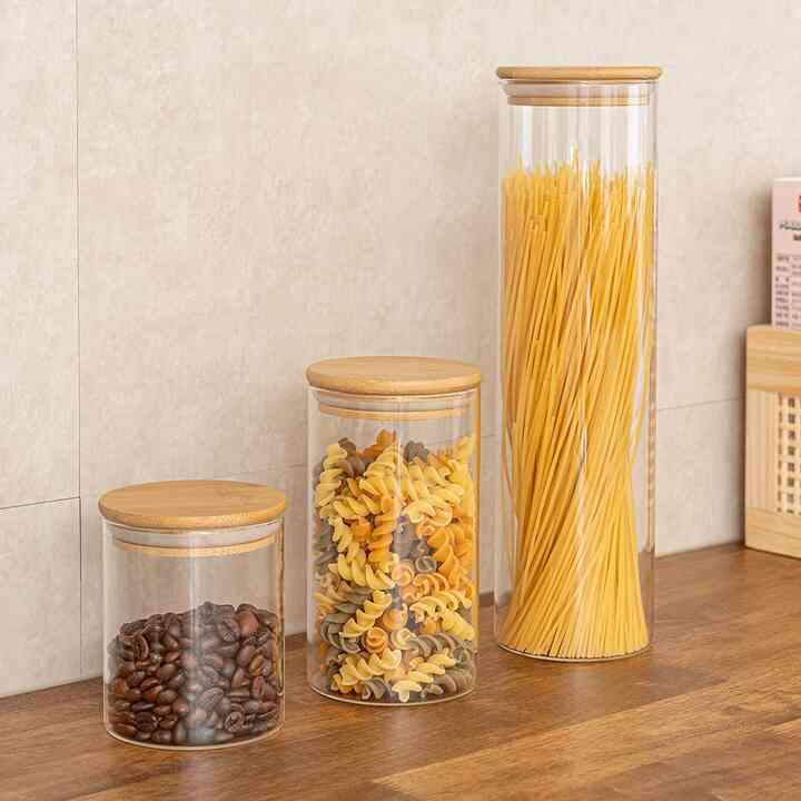 木製蓋付き 丸型耐熱ガラス瓶 1500ml パスタ保存容器