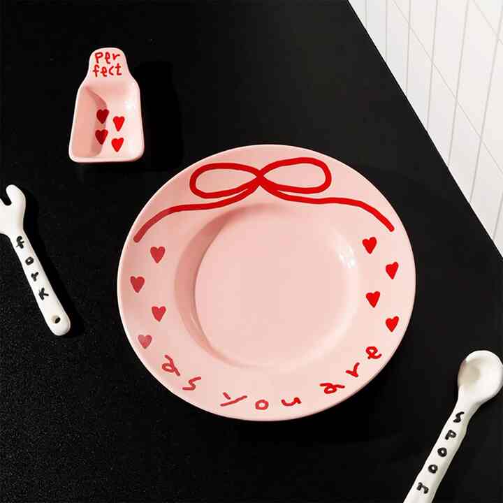 Pink Edition Ceramic Heart Salad Plate with Dressing Cup
