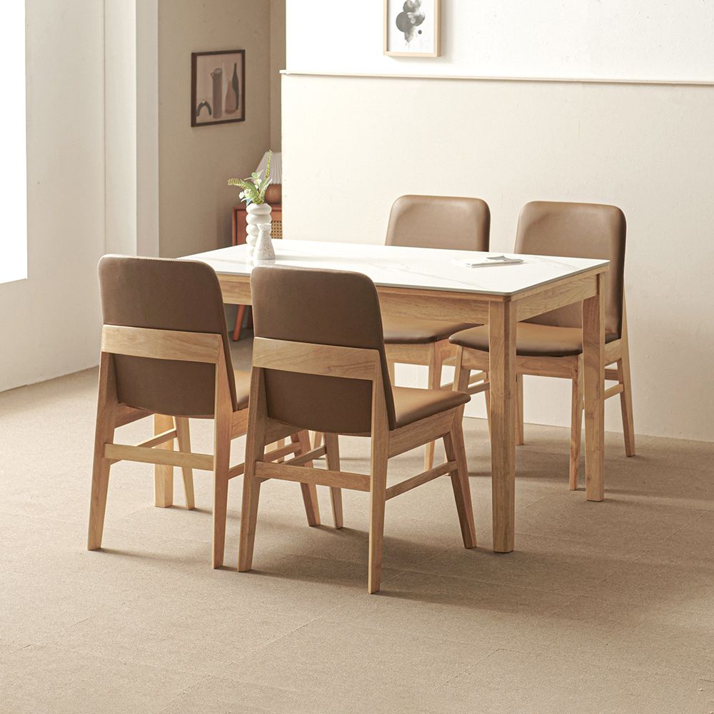 라로퍼니처 루아 1200 유광 포세린 통 세라믹 4인 고무나무 원목 식탁 세트(식탁+의자4) 