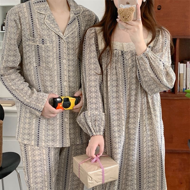러빙리 팰리스 프리미엄 커플 잠옷 긴팔 홈웨어 파자마 상하세트 러블리 여성 원피스