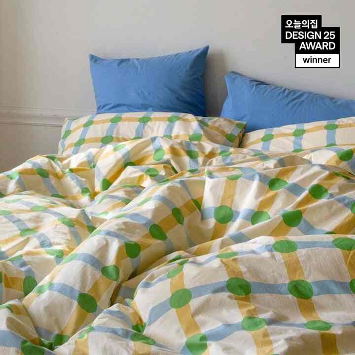 ドットチェック グリーンオンベージュ カバーのいらない布団/布団カバーセット［2種・3サイズ］