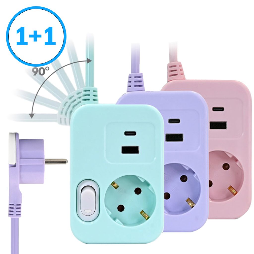 러그박스 1+1 납작 멀티탭 디자인 플러그 고용량 1구 C타입 USB 스윙탭 1.5m 3color