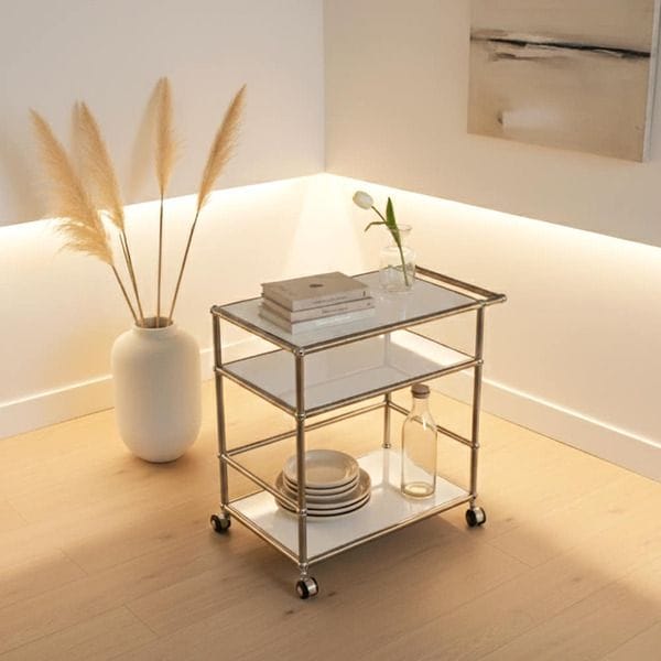 에프룸 미드센츄리 자작 원목 철제 모듈 이동식 3단 트롤리 선반 수납장 NF520 3D