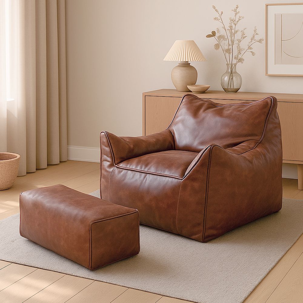 엘루소 [무광블랙 소량입고] 빈백 1인용 기능성 가죽 소파 풋스툴 세트 