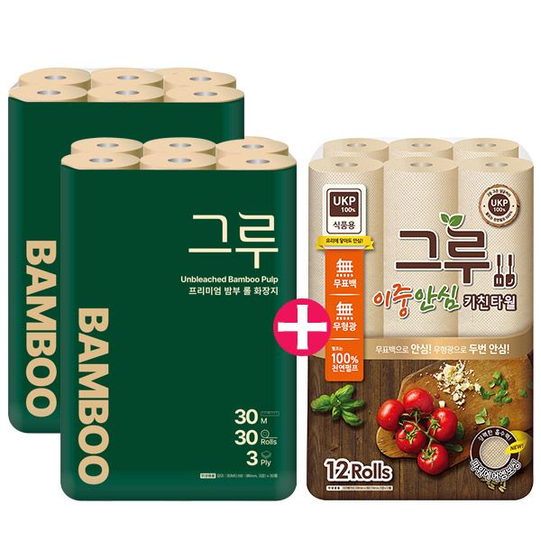 삼정펄프 100%무표백 그루 오리지널 화장지 60롤+그루키친타올120매 12롤
