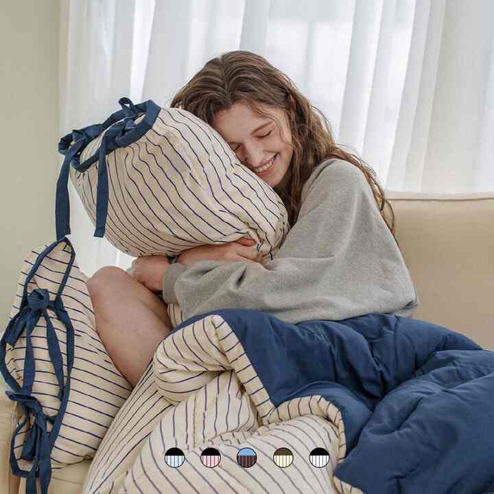 Essential ストライプ リボン カバーのいらない布団［11色・2サイズ］