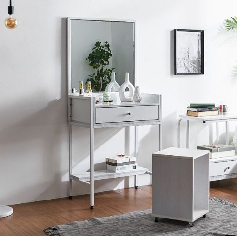 [신상품] 르봉상점 심플인테리어 첼제프레임 원서랍 하단 원선반 사각스툴 화장대세트(640 2색)