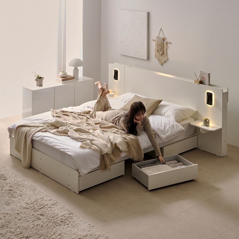 한샘 한샘몰pick 보니애 룬덴 LED 조명 호텔 수납 침대 프레임 Q+협탁2EA (매트 선택)