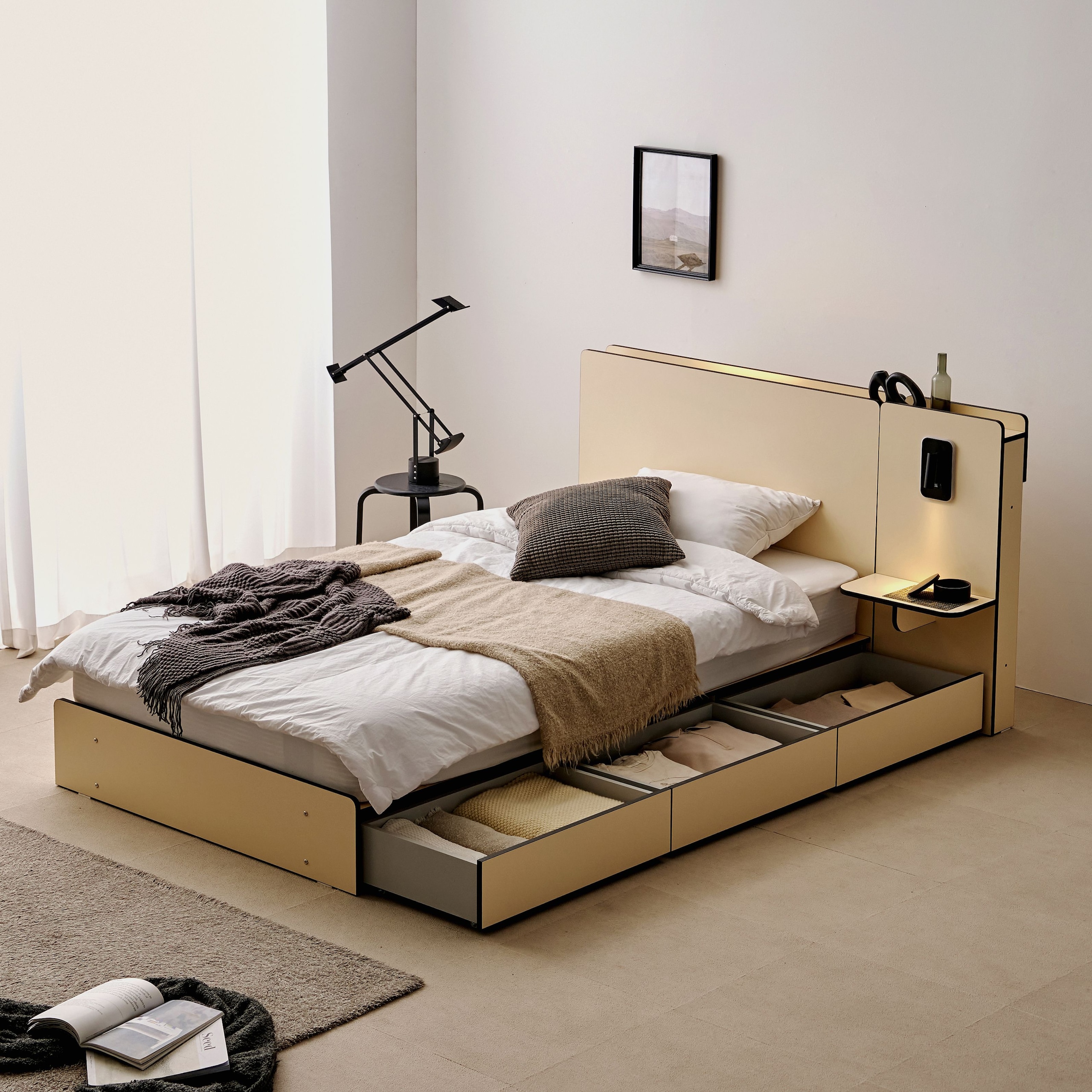 한샘 한샘몰pick 보니애 룬덴 LED 조명 호텔 수납 침대 프레임 SS+협탁1EA(매트 선택)