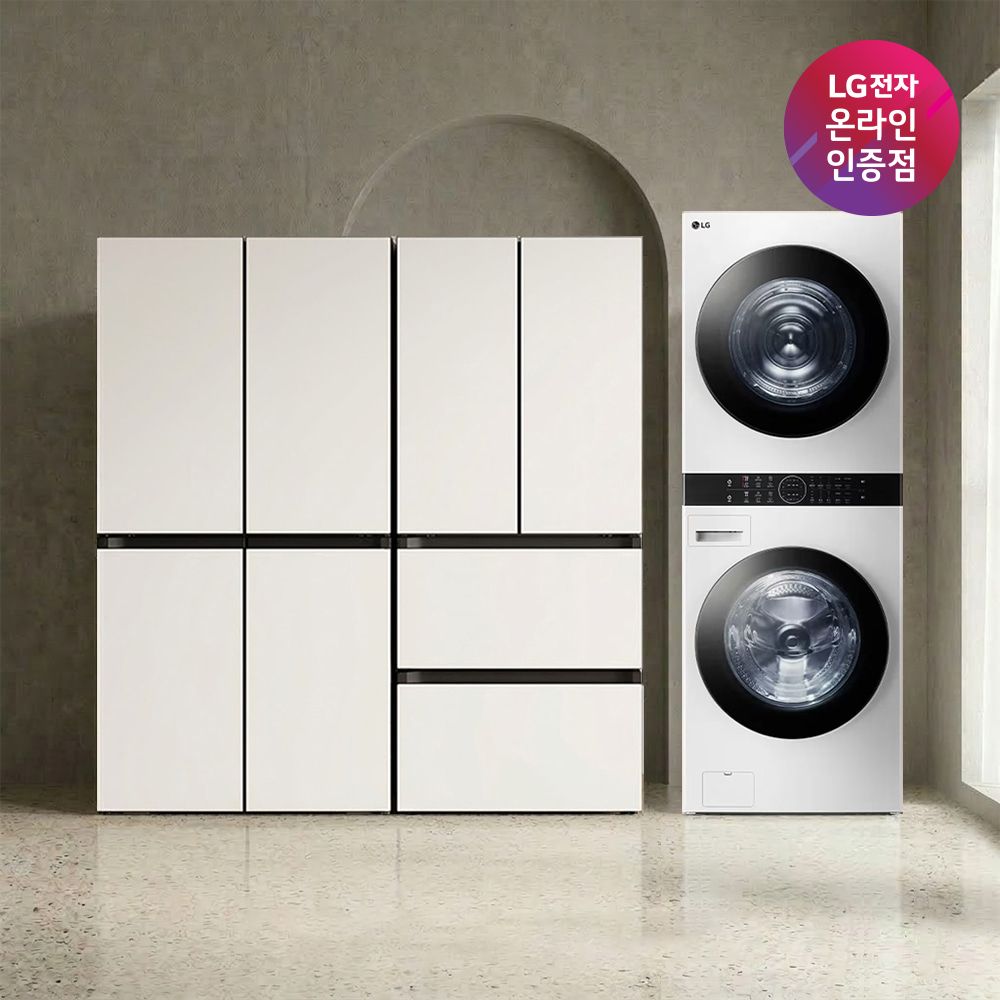 LG전자 디오스 냉장고+김치톡톡+트롬 워시타워 T875MEE111+Z408MEEF23+W21WAM)