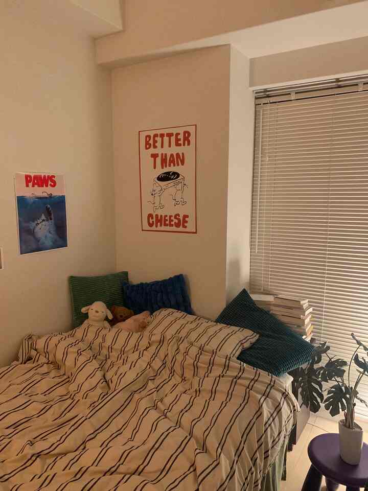 ベージュのトーンが特徴的な6畳の寝室、クッションと枕を配置したベッドが印象的なナチュラルな雰囲気の空間