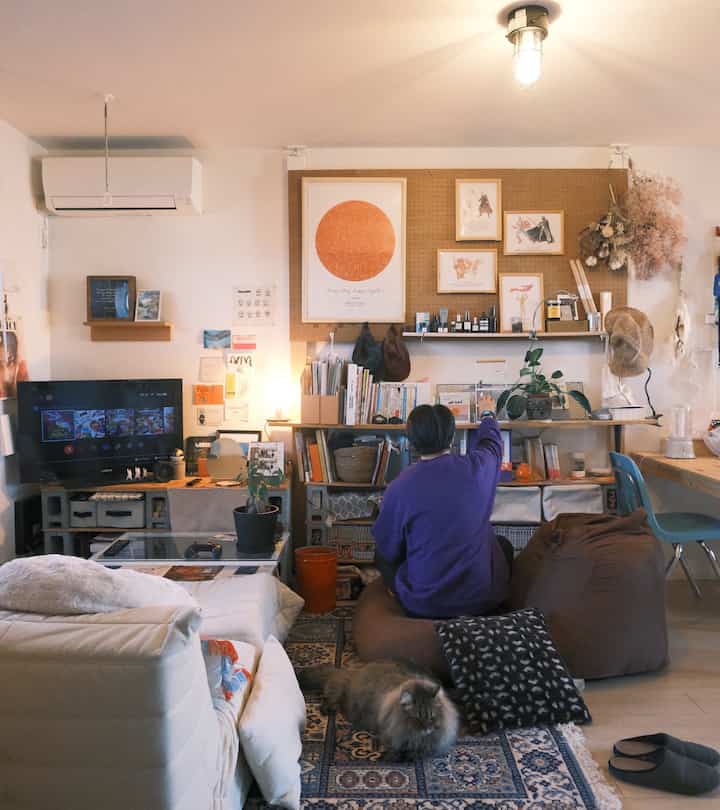 Natural-colored cozy living room featuring bookshelves, bean bags, and a cat with warm, relaxed atmosphere