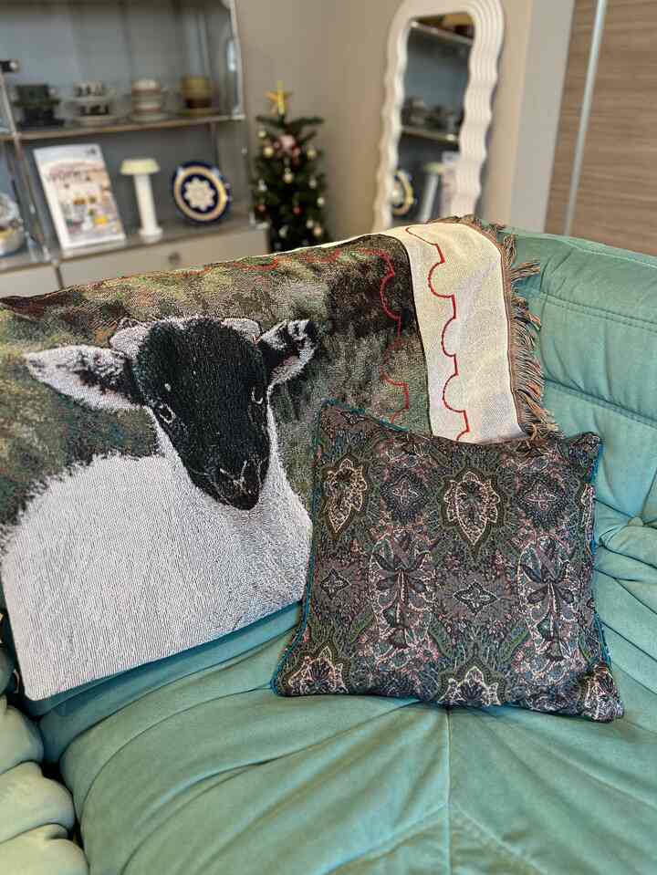 Soft mint-colored sofa featuring a sheep-patterned blanket and a patterned cushion in a natural living room space
