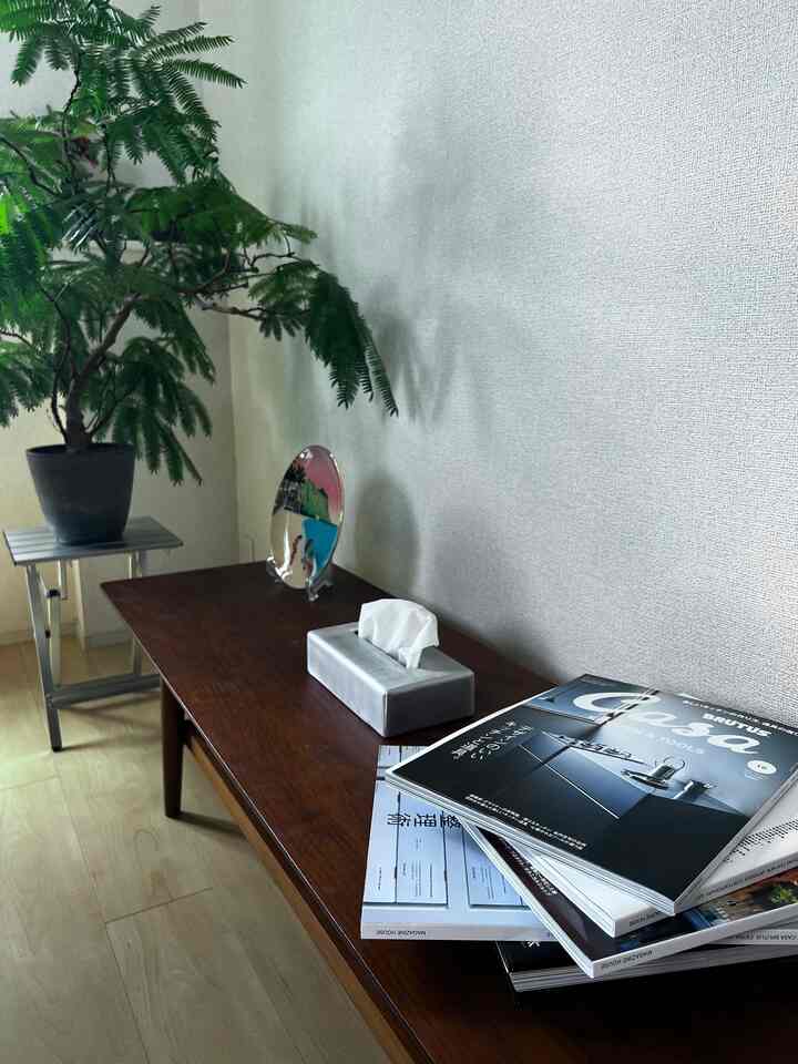 木目調とホワイトの寝室の一角、植物とティッシュケースが置かれたテーブルのある落ち着いた雰囲気のインテリア