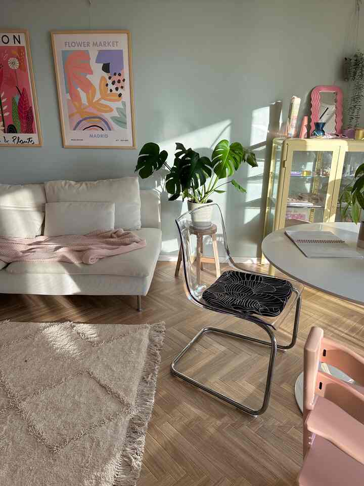 Soft green wall living room featuring white sofa, natural light, and plants for cozy ambiance