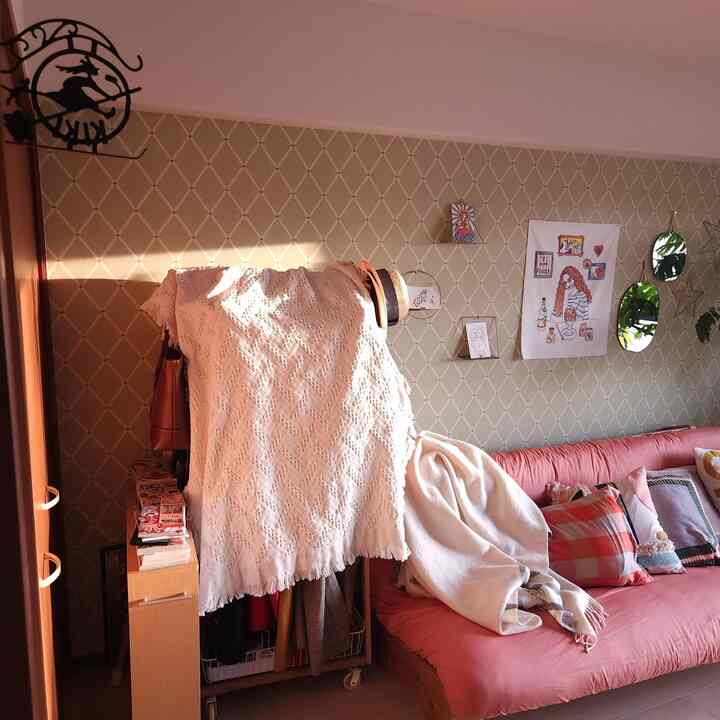 Beige-toned wallpaper and pink sofa bed in a compact room featuring a multi cloth-covered rack and bookshelf storage, creating a cozy atmosphere