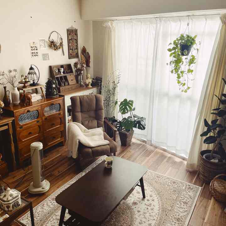 Warm brown toned natural living room featuring wooden furniture and abundant plants creating cozy atmosphere