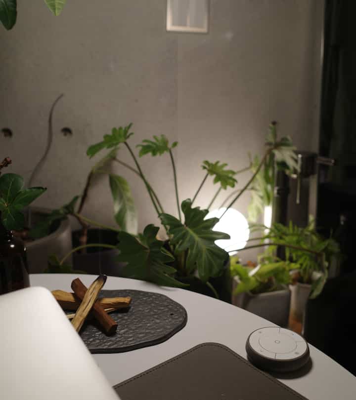 Natural-toned small room featuring a round white table with diffuser and several plants, creating a cozy atmosphere