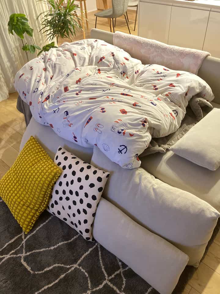 ナチュラルカラーのリビング、中央にソファベッドとカラフルなクッションが配置された落ち着いた雰囲気のインテリア