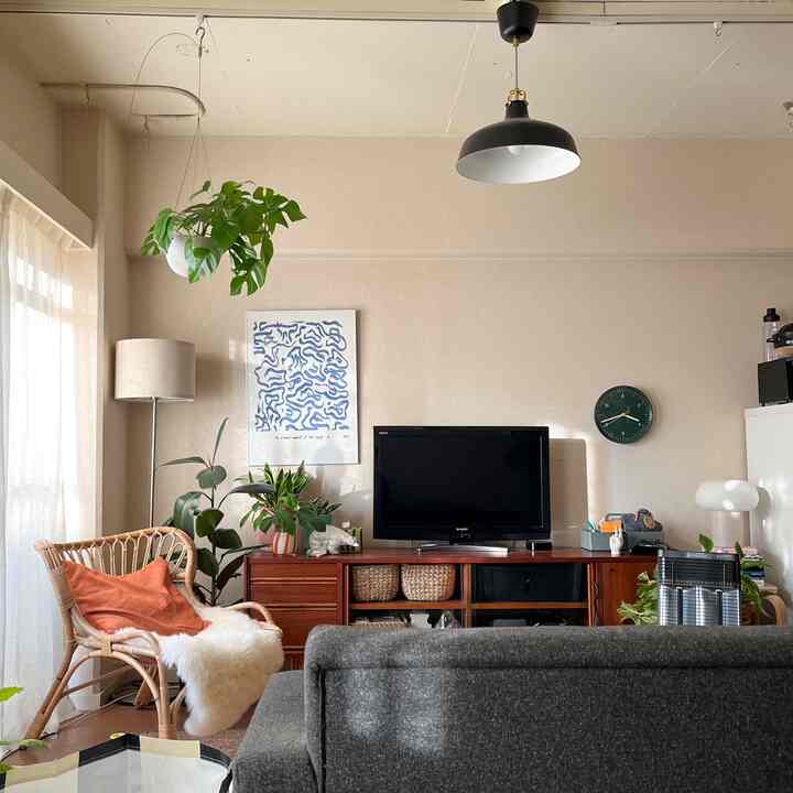 Bright living room with natural wood tones and plants, featuring modern furniture and comfortable sofa creating a cozy atmosphere