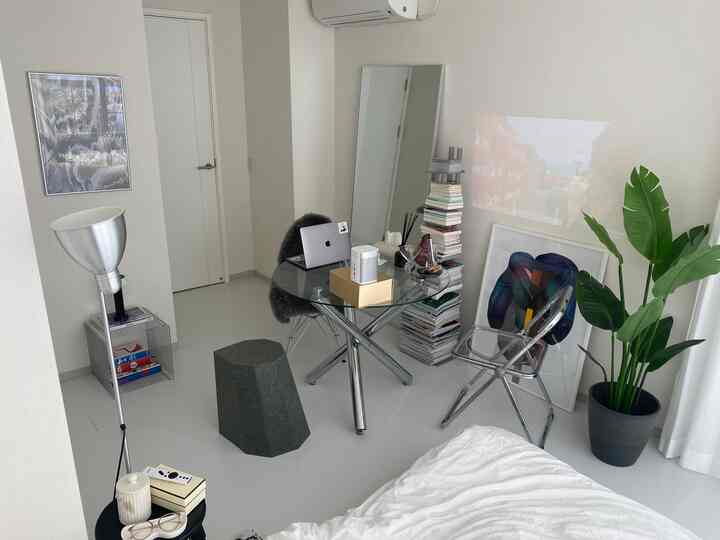 White-toned single household living room-style home office featuring glass table, transparent chairs, and a large plant in a minimal design