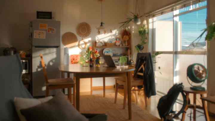 暖かみのあるナチュラルトーンの1LDKダイニングルーム、木製のテーブルと椅子、観葉植物が配置された雰囲気あるインテリア