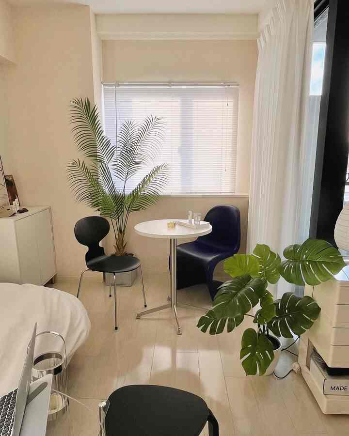 白を基調としたワンルームのリビング、丸いテーブルと異なる色の椅子、室内植物が配置されたシンプルで自然な雰囲気のインテリア