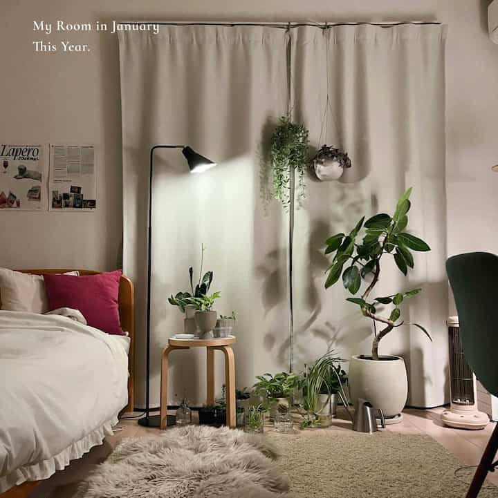Beige curtains and white bed in a single household bedroom featuring a stool and plants creating a natural atmosphere
