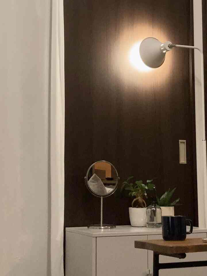 白いキャビネットと茶色の壁が特徴の猫と暮らす空間、照明やインテリア雑貨が配置された雰囲気のあるモダンなインテリア