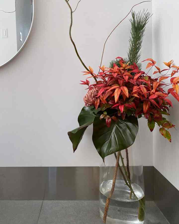 白を基調とした玄関、中央に大きな透明な花瓶と鮮やかな赤と緑の葉が配置された印象的な空間