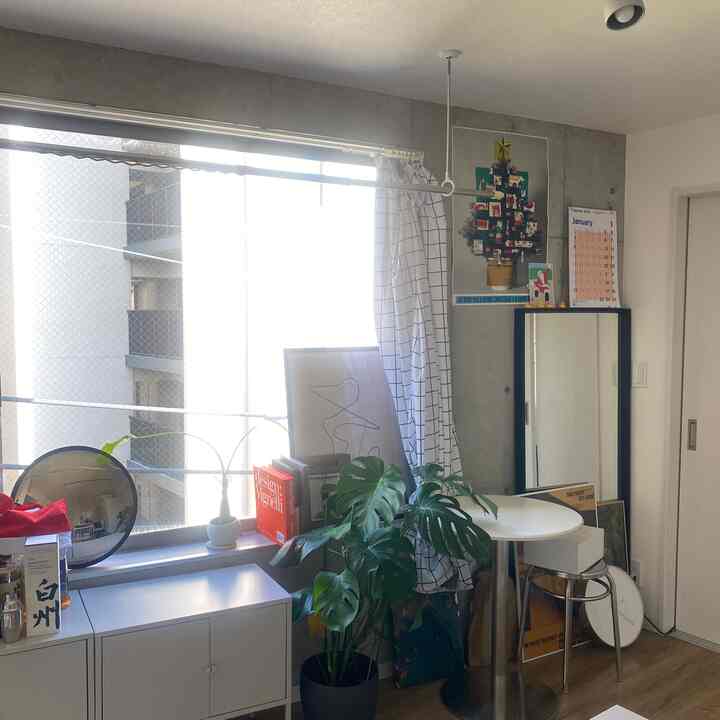 A modern small room by the veranda in white and gray tones, featuring plants, storage cabinet, and a small round table