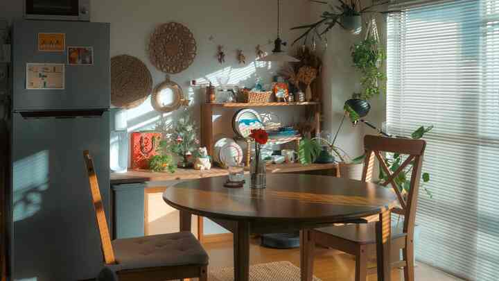 温かみのある木目調と自然光が調和する二人用ダイニング、丸テーブルと植物、ブラインドが配置された雰囲気のある空間