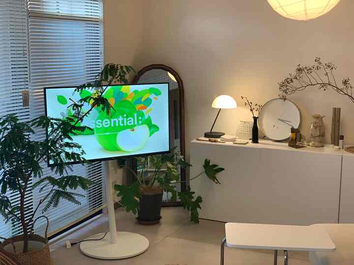 白とナチュラルカラーのリビングルームで、植物やテレビ台、ミニマルな収納キャビネットが配置された落ち着いた雰囲気のインテリア。