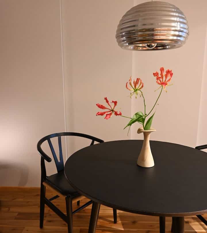 Black round dining table with Y-chairs, wood tone flooring, and metallic pendant light creating a simple, cozy dining space