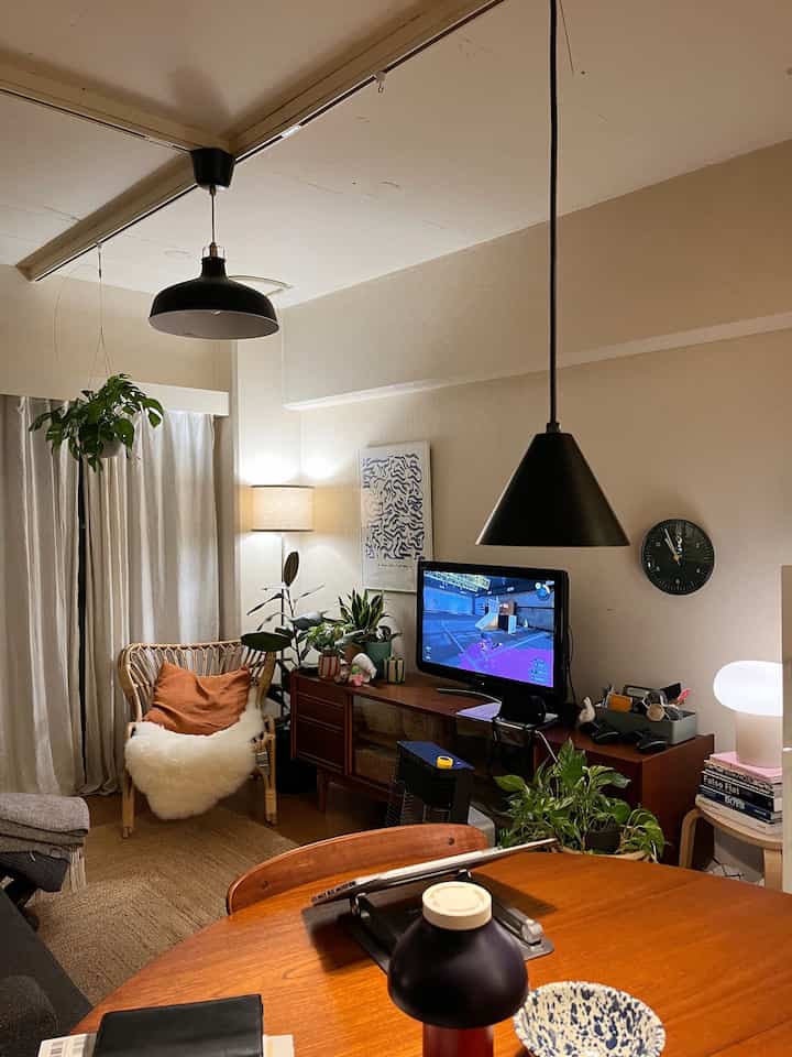 Beige and wood tone living room featuring rattan armchair, dining table, and various plants creating a cozy interior