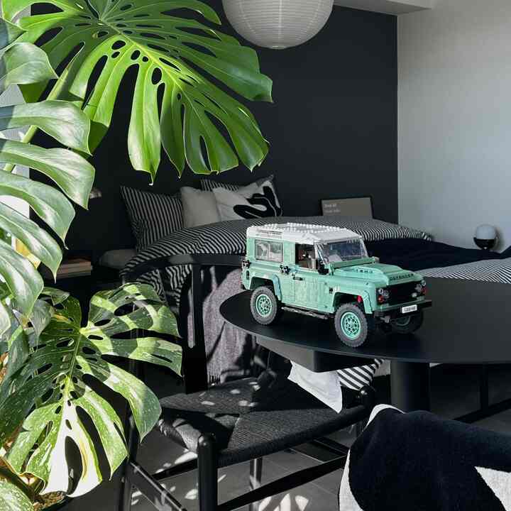 ブラックとホワイトのトーンの寝室、中央に小さなブラックテーブルの上にレゴの車の模型が置かれ、左側に大きな緑の植物があるモダンで自然な雰囲気のインテリア