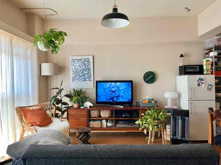 ベージュ色調のリビングルーム、中央に木製のテレビ台とテレビがあり、左右に植物と椅子が配置された自然な雰囲気の空間