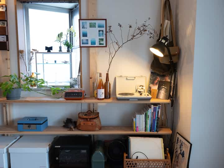 Natural-toned Nordic style space featuring wooden bookshelf, plants, and table lamp creating a calm and cozy atmosphere